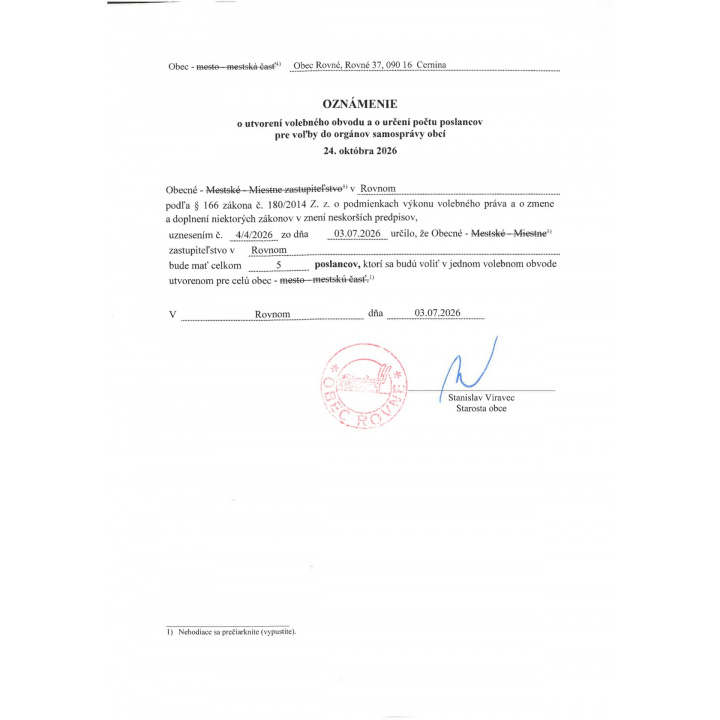 Oznámenie o utvorení volebného obvodu 